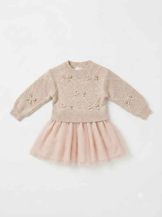 Mayoral - Beige Knit Dress w/Bows