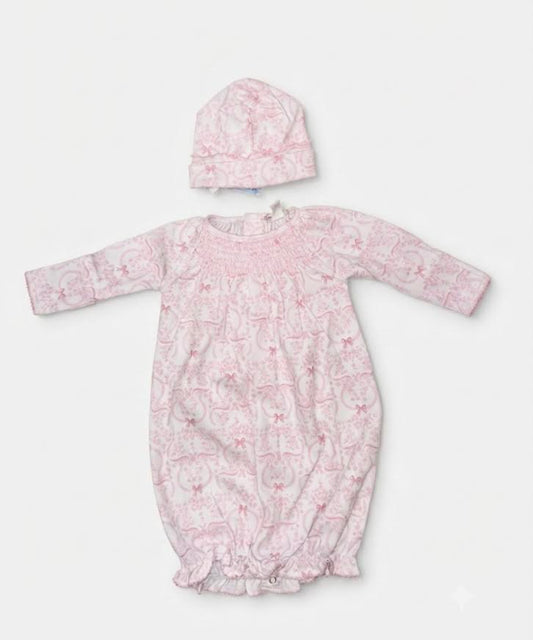 Kissy Kissy - 	Delicate Blooming Bows Smocked Pink Convertible Gown & Hat