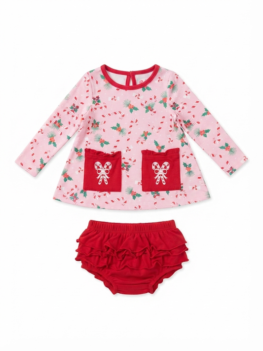 RuffleButts - Holly Canes Knit Long Sleeve Pocket Swing Set