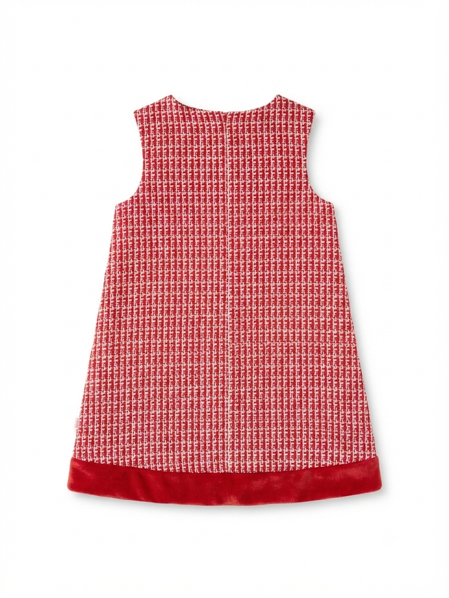 RuffleButts - Red Shimmer Tweed Sleeveless Pocket Bow Fur Trim Dress