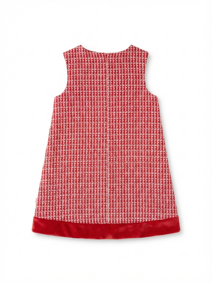 RuffleButts - Red Shimmer Tweed Sleeveless Pocket Bow Fur Trim Dress