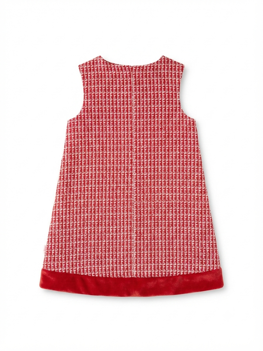 RuffleButts - Red Shimmer Tweed Sleeveless Pocket Bow Fur Trim Dress