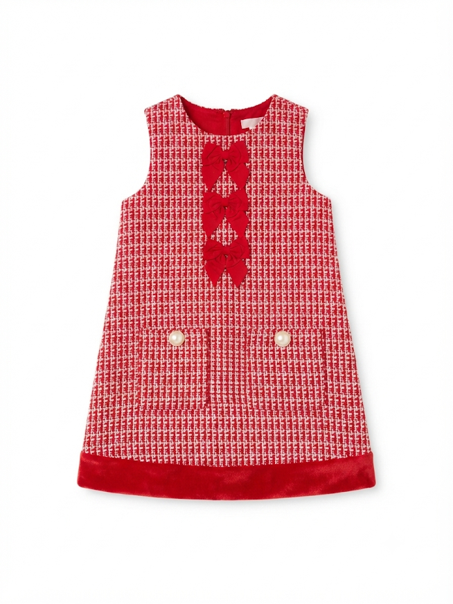 RuffleButts - Red Shimmer Tweed Sleeveless Pocket Bow Fur Trim Dress