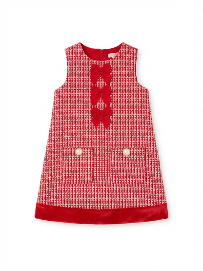RuffleButts - Red Shimmer Tweed Sleeveless Pocket Bow Fur Trim Dress
