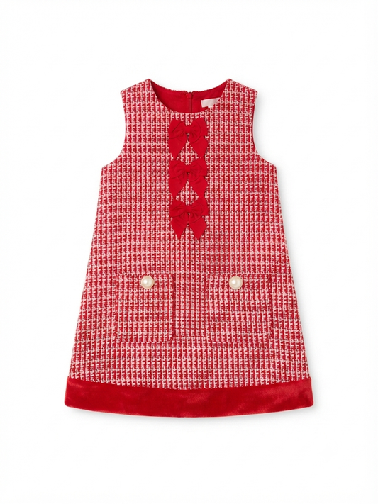 RuffleButts - Red Shimmer Tweed Sleeveless Pocket Bow Fur Trim Dress