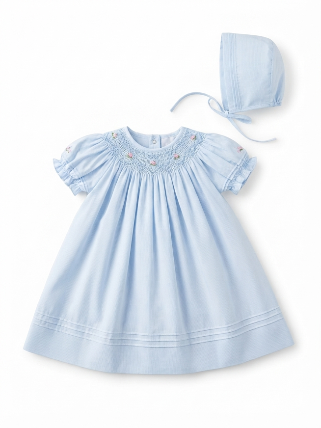 Petit Ami - Blue Smocked Day Gown And Bonnet
