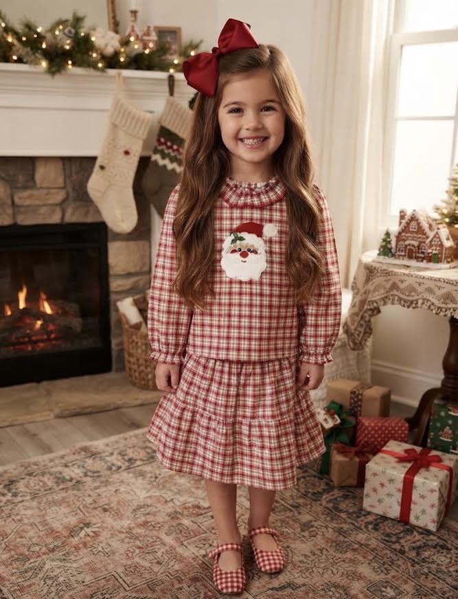 Delaney - Girl's Green Check Santa Skirt Set