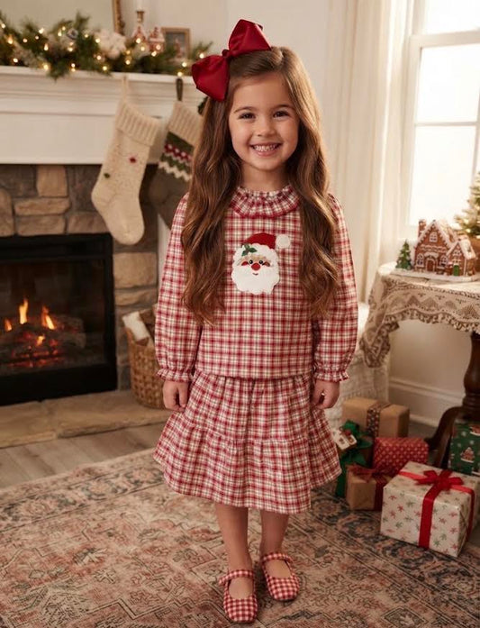 Delaney - Girl's Green Check Santa Skirt Set