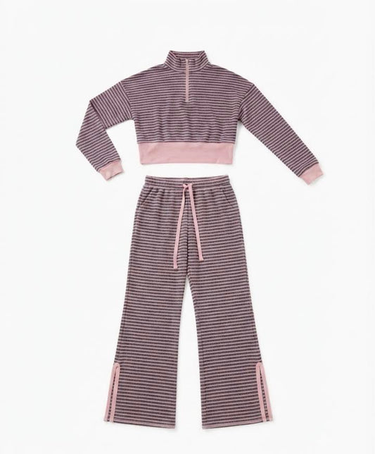 T2LOVE - Striped Quarter Zip Mock Neck With Flair Pants