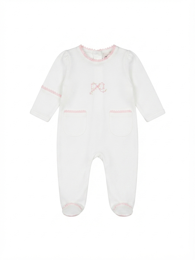 Baby Club Chic - Pretty Bows Embroiderd Pima Footie With Pockets