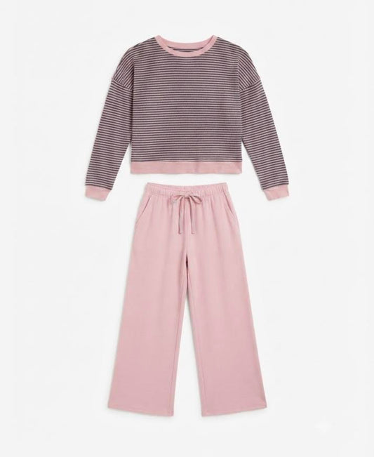 T2LOVE - Striped Crew Neck And Flair Pants