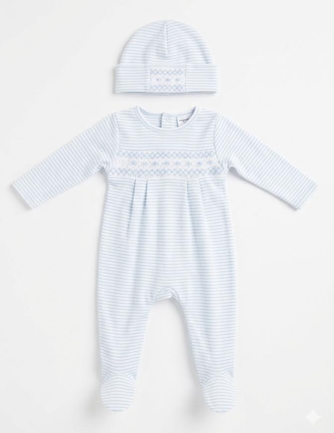 Magnolia Baby - Blue Stripe Smock Footie & Hat