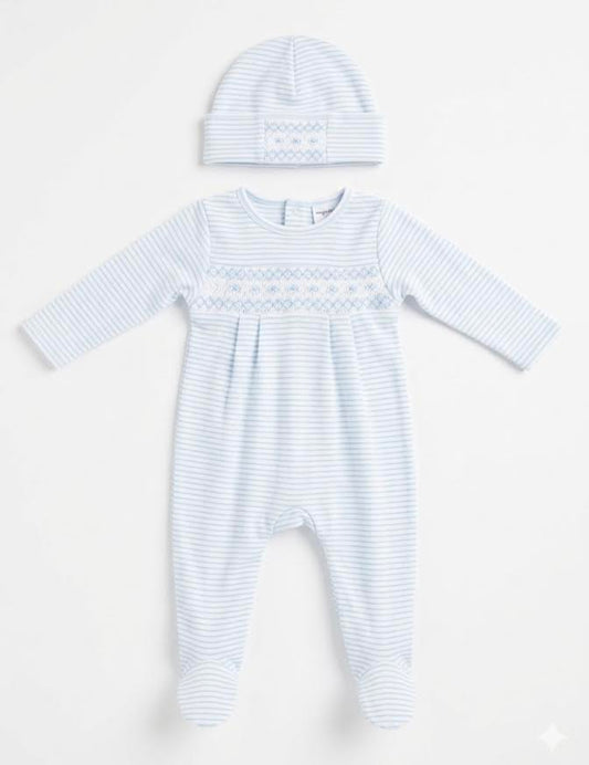 Magnolia Baby - Blue Stripe Smock Footie & Hat