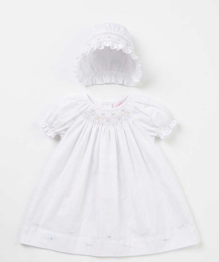 Petit Ami - White Smocked Pastel Rose Bud Day Gown With Bonnet