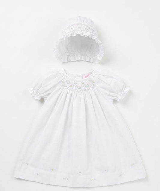 Petit Ami - White Smocked Pastel Rose Bud Day Gown With Bonnet