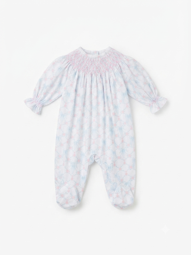Baby Loren - Baby Blue & Pink Coquettes Hand Smock Bishop Footie