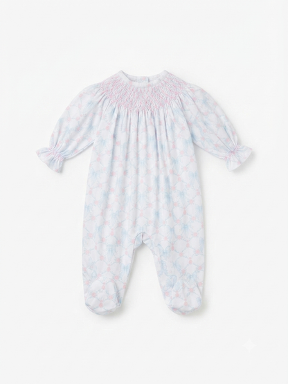Baby Loren - Baby Blue & Pink Coquettes Hand Smock Bishop Footie