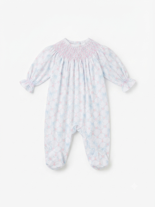 Baby Loren - Baby Blue & Pink Coquettes Hand Smock Bishop Footie