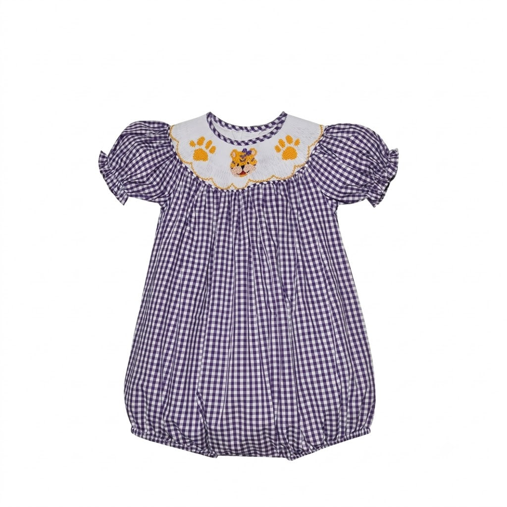 Southern Saturday - Purple Gingham LSU Smocked Girl's Bubble
