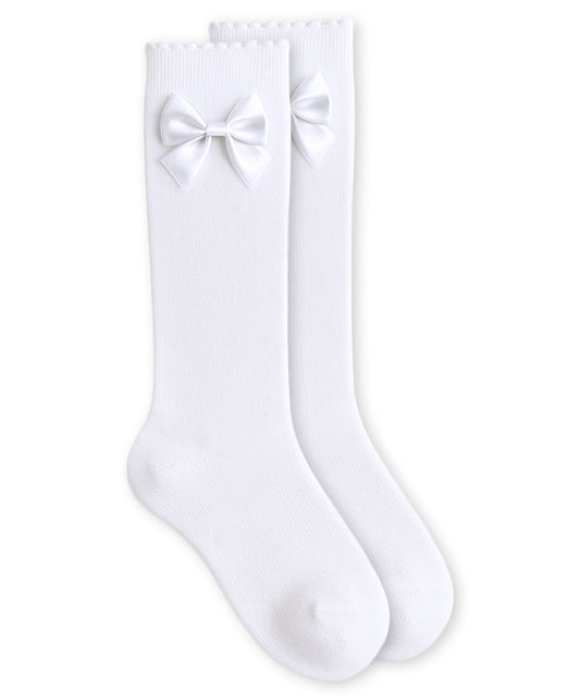 Jefferies Socks - White Statin Bow Scalloped Top Cotton Knee High