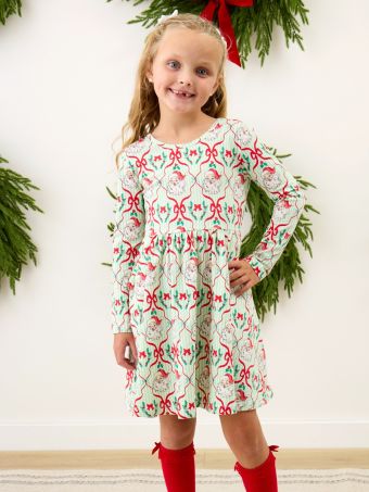 RuffleButts - Green Stripe Dear Santa Knit Long Sleeve Twirl Dress