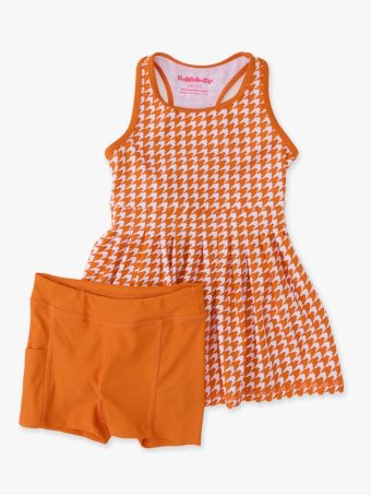 RuffleButts - Varsity Orange Houndstooth Active Dress & Bike Short Set