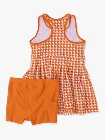 RuffleButts - Varsity Orange Houndstooth Active Dress & Bike Short Set