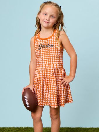 RuffleButts - Varsity Orange Houndstooth Active Dress & Bike Short Set