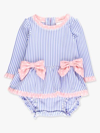 Ruffle Butts - Periwinkle Blue Seersucker Long Sleeve One Piece