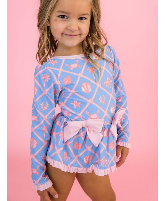 Ruffle Butts - Tropical Trellis Long Sleeve One Piece Bow Peplum Rash Guard Swimsuit