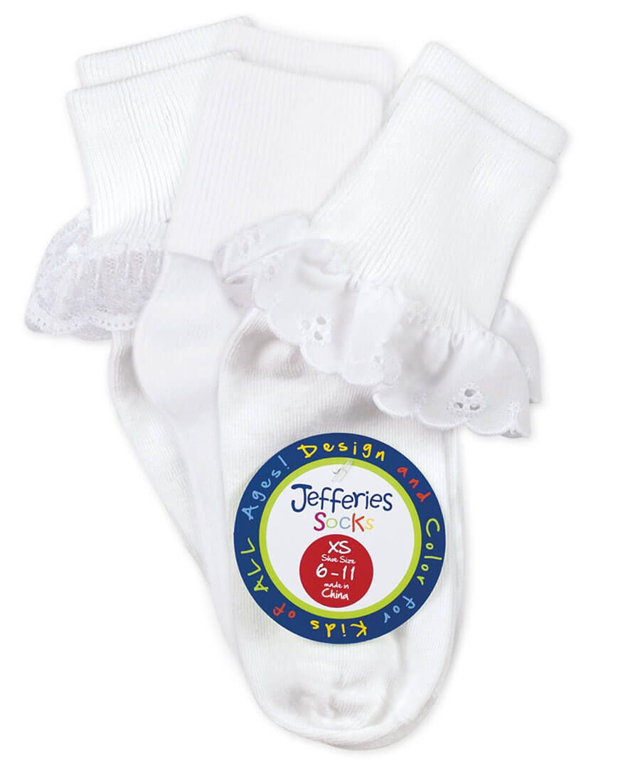 Jefferies Socks - White Eyelet Ruffle Cuff Sock