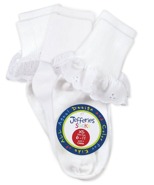 Jefferies Socks - White Eyelet Ruffle Cuff Sock