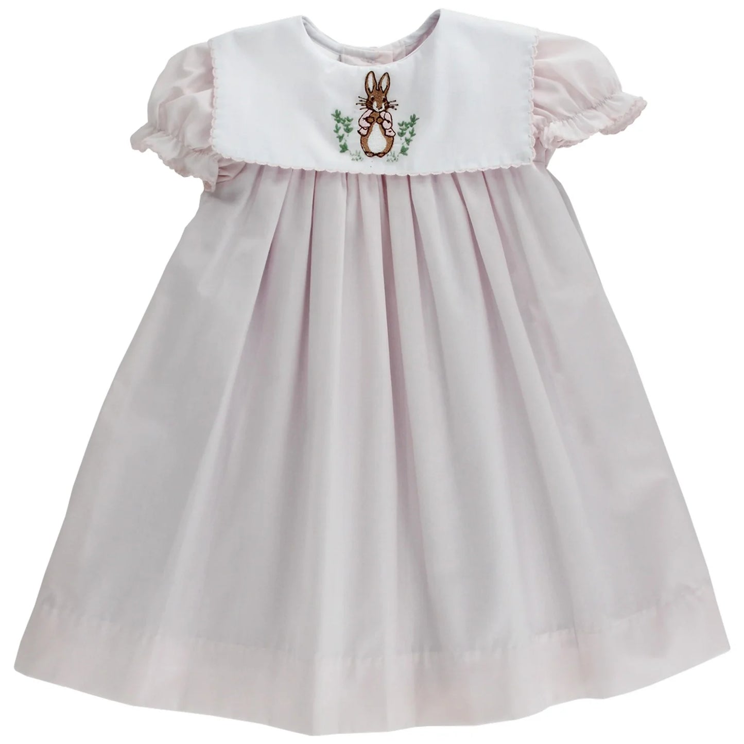 A pink baby float dress with bunny embroidery on the chest.