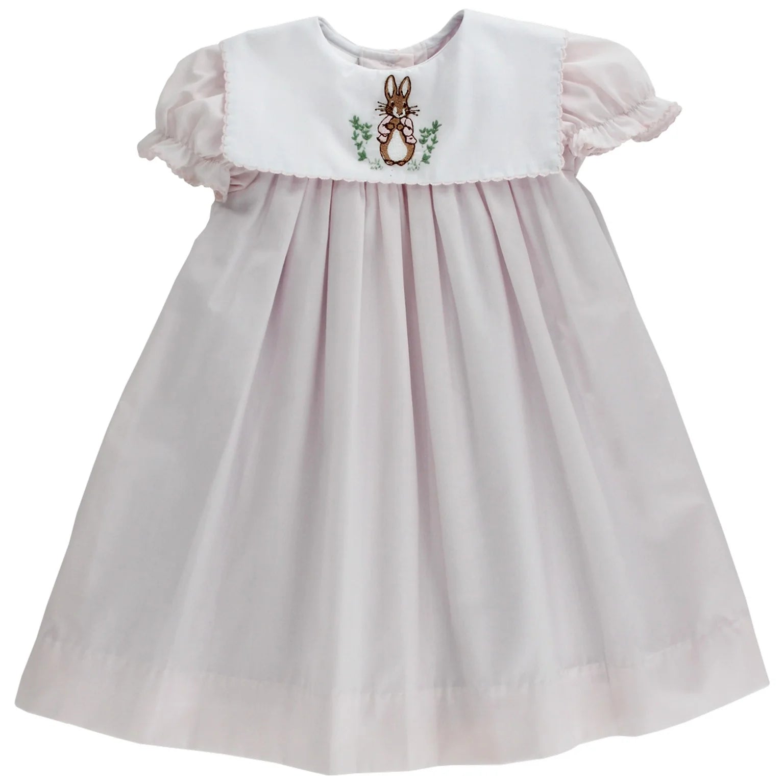 A pink baby float dress with bunny embroidery on the chest.