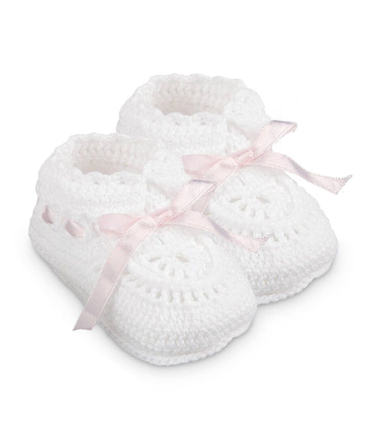 Jefferies Socks - White Crochet With Pink Ribbon Booties