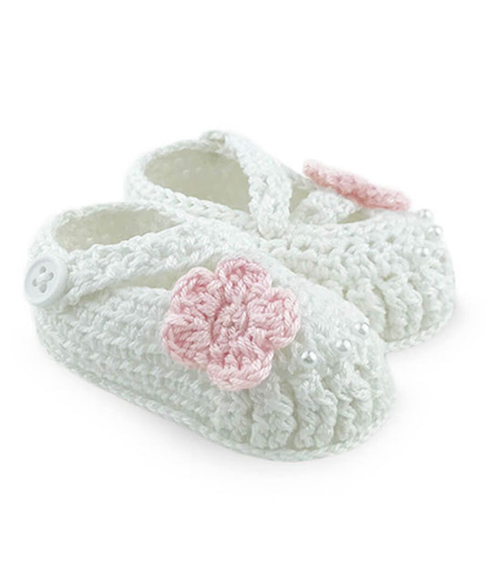 Jefferies Socks - White Crochet With Pink Flower Booties