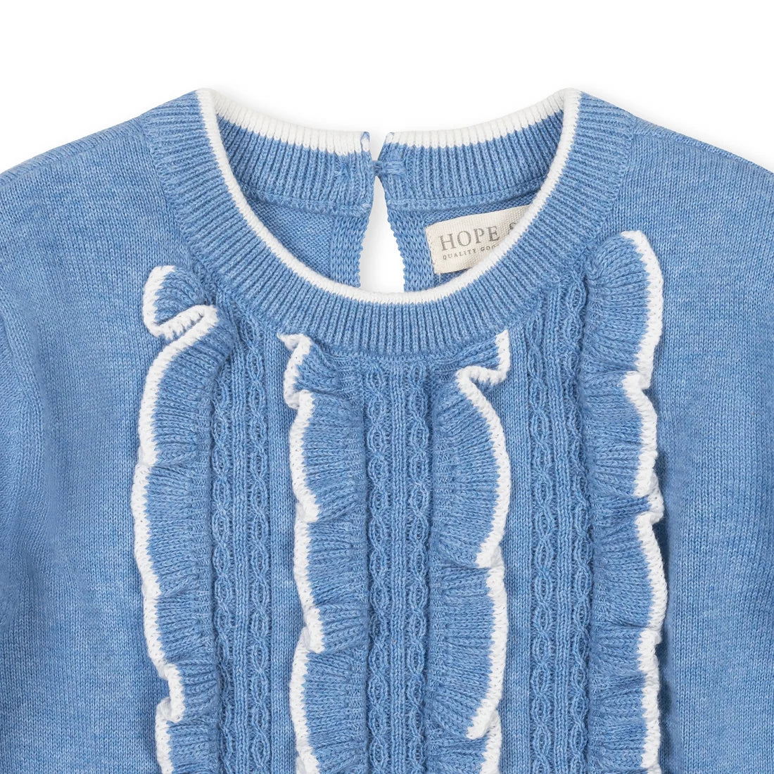Hope & Henry - Medium Blue Organic Ruffle Bodice Sweater Dress