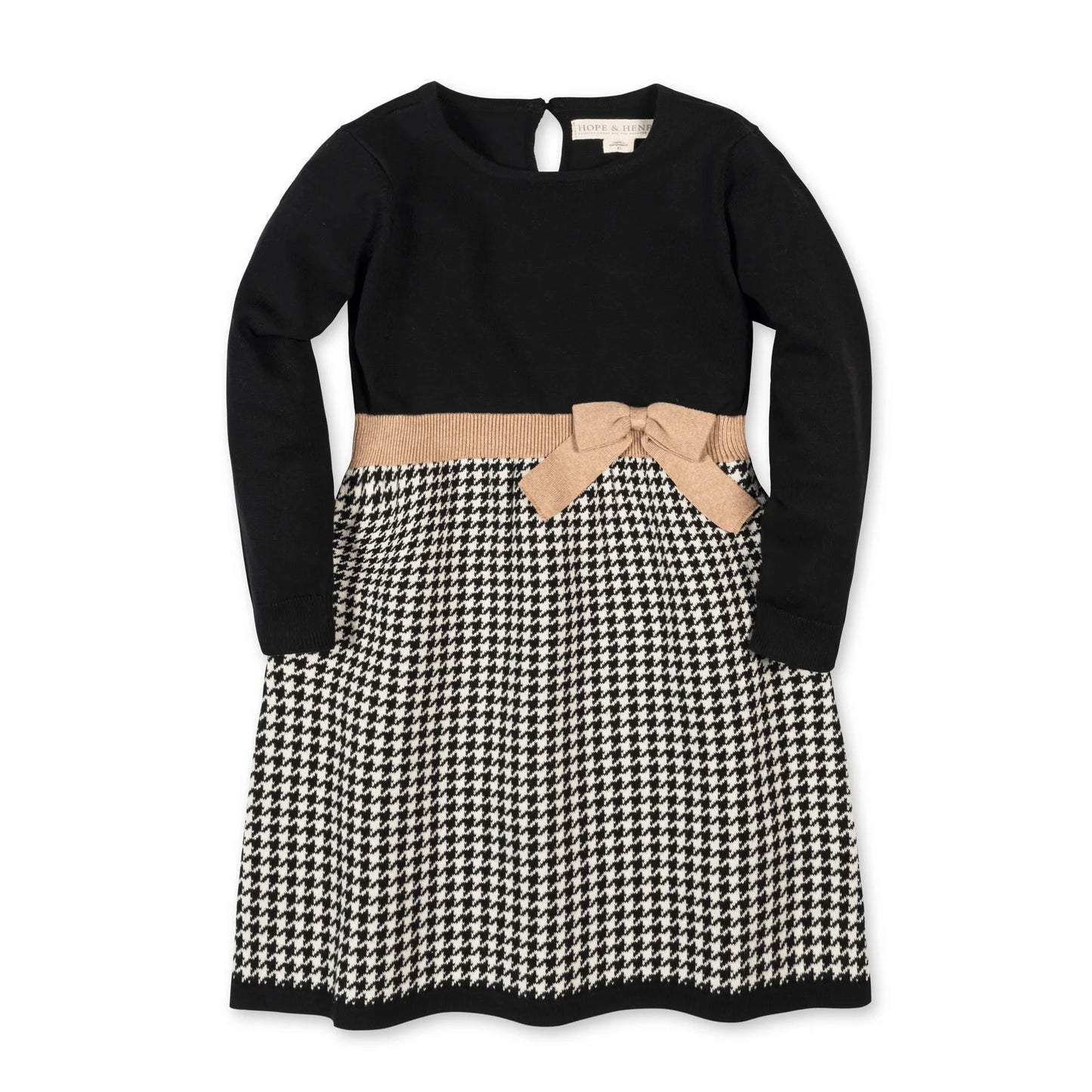 Hope & Henry - Black Houndstooth Organic Skater Sweater Dress with Bow