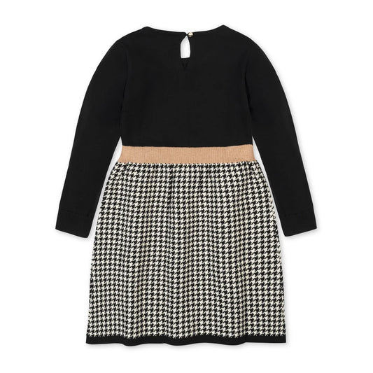 Hope & Henry - Black Houndstooth Organic Skater Sweater Dress with Bow