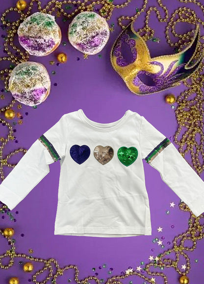 LuLu BeBe- Mardi Gras Sequin Heart Long Sleeve Tee