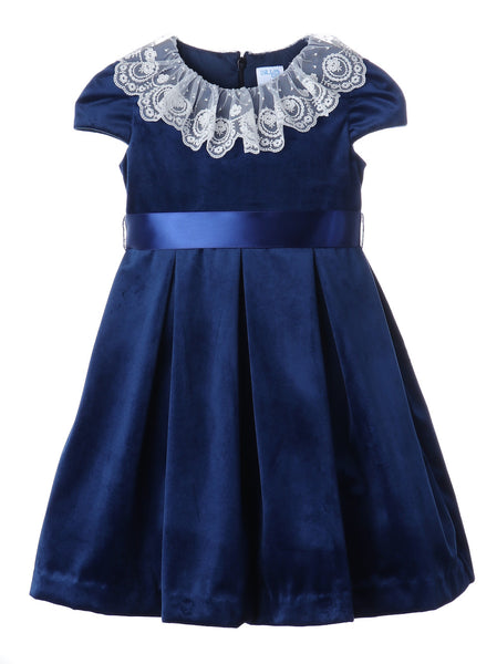 Navy Blue Pleated Lace-Trim Velvet Dress