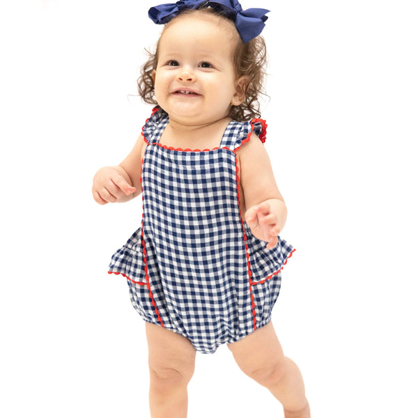 Angel Dear - Navy Gingham Ric Rac Sunsuit