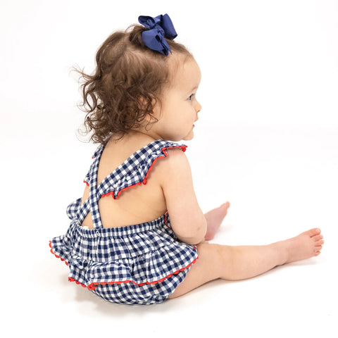 Angel Dear - Navy Gingham Ric Rac Sunsuit