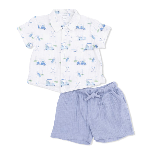 Angel Dear - Baby Golf Carts Blue - Polo Button Up with Casual Short