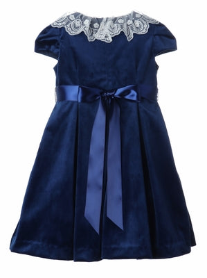 Navy Blue Pleated Lace-Trim Velvet Dress