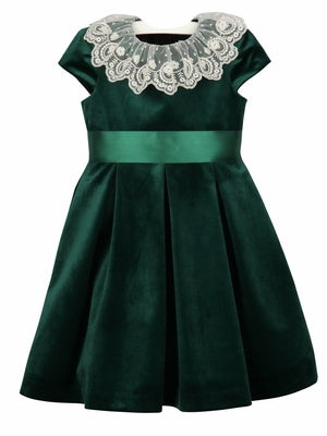 Green Pleated Lace-Trim Velvet Dress