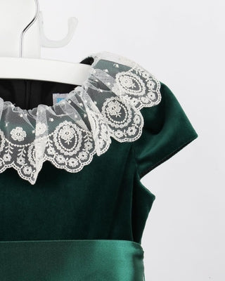 Green Pleated Lace-Trim Velvet Dress