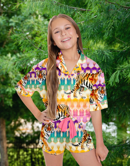 Sunshine Society - Kids Silky Tiger Royale Short Sleeve Short Set