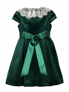 Green Pleated Lace-Trim Velvet Dress