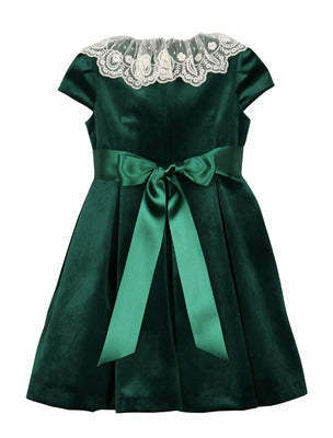 Green Pleated Lace-Trim Velvet Dress